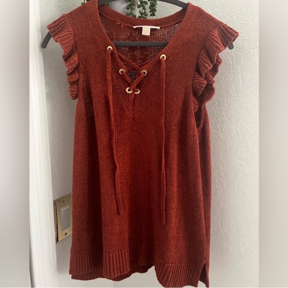 Michael Kors Rust Knit Sleeveless Sweater Top Size Large Ruffle Sleeve Lace Up
